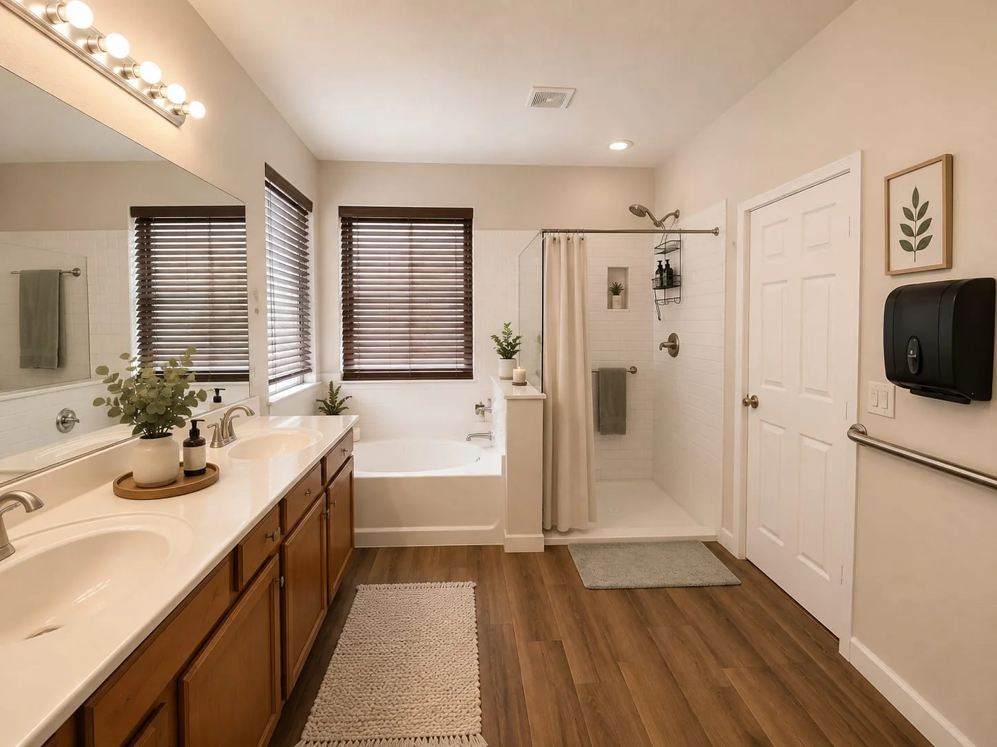 Bright accessible bathroom with grab bar and walk-in shower