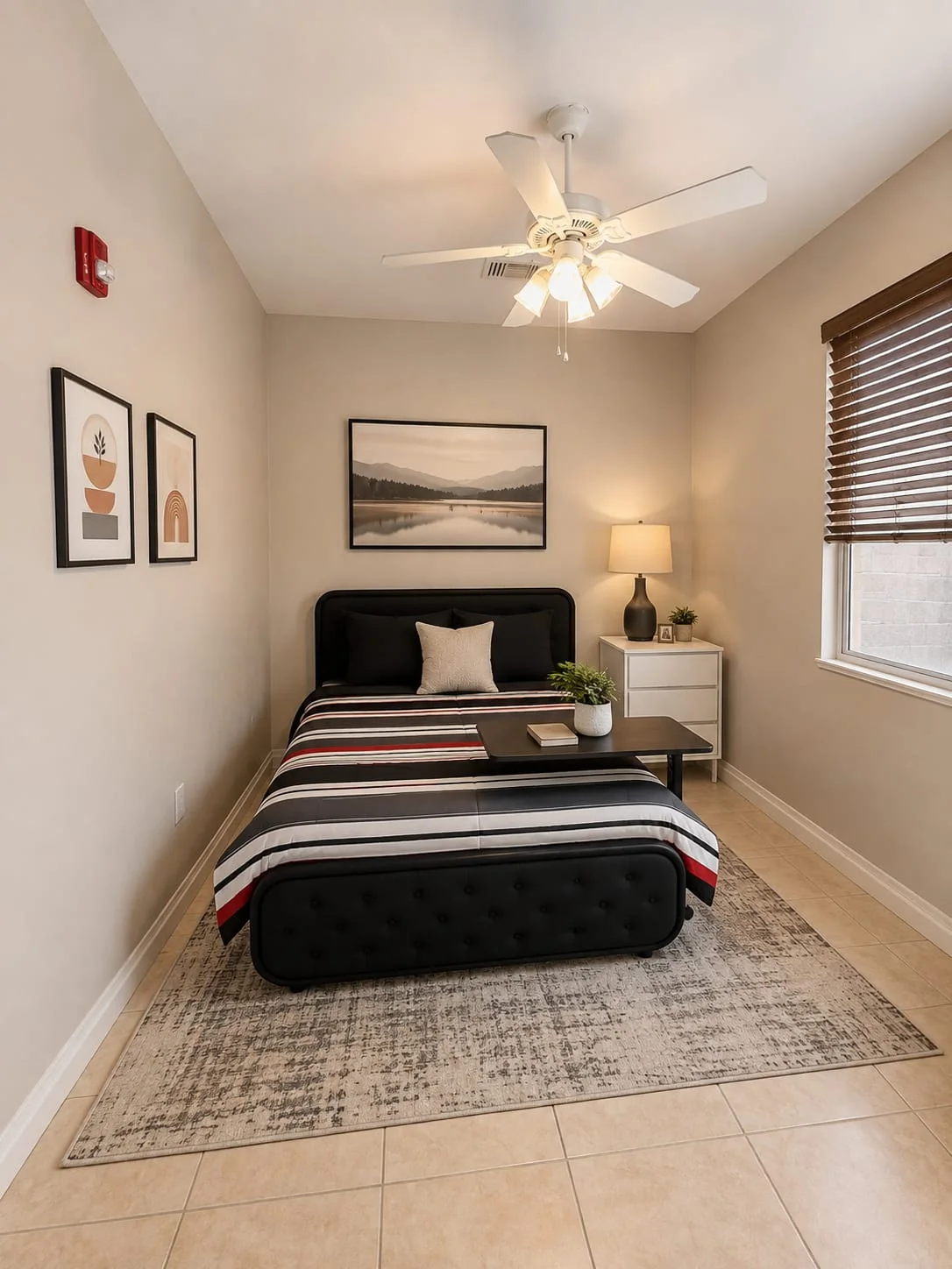 Private resident bedroom with bedside table and window