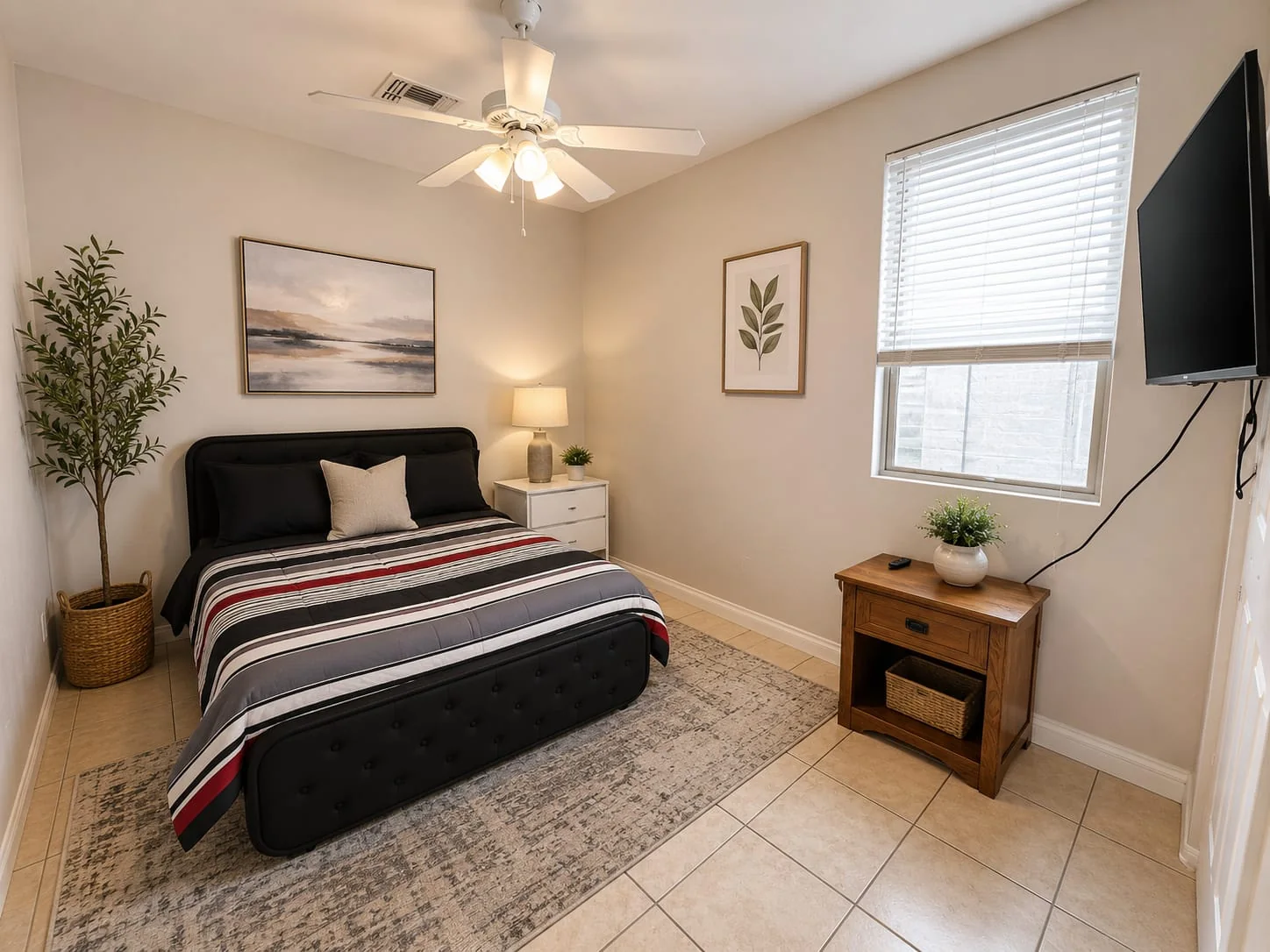 Resident bedroom with television and natural light